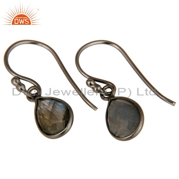 Wholesalers Labradorite Gemstone Bezel Set Drop Earrings Made In Oxidized Sterling Silver