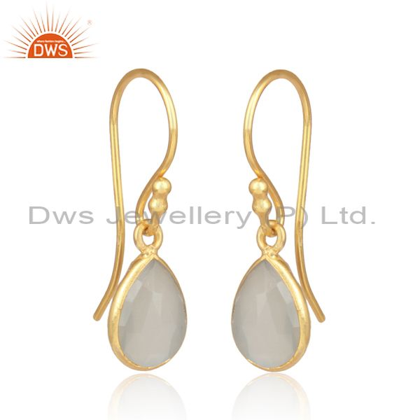 White Moon Stone Set Gold On Silver Oval Dangler Earrings