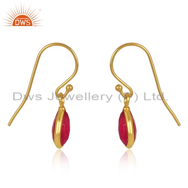 Wholesalers 18K Yellow Gold Plated Sterling Silver Red Aventurine Bezel Set Dangle Earrings