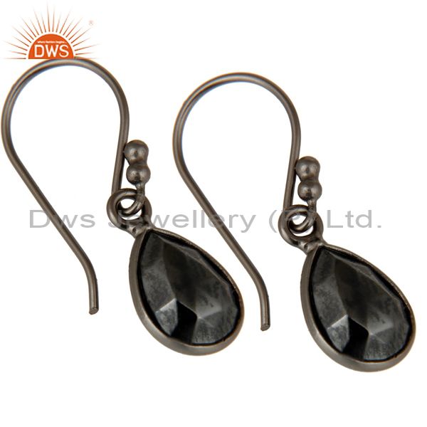 Exporter Oxidized Solid Sterling Silver Faceted Pyrite Bezel Set Gemstone Drop Earrings