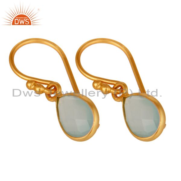Wholesalers 18K Yellow Gold Plated Dyed Aqua Chalcedony Gemstone Bezel Set Drop Earrings