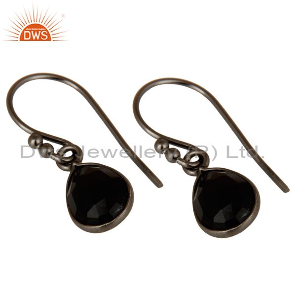 Wholesalers Oxidized Sterling Silver Faceted Black Onyx Gemstone Bezel Set Teardrop Earrings