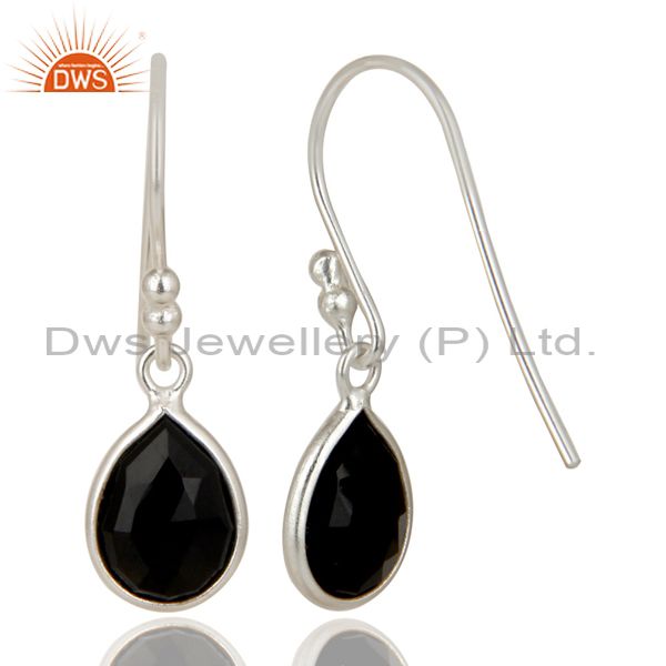Exporter Solid 925 Silver Faceted Black Onyx Gemstone Bezel Set Teardrop Earrings