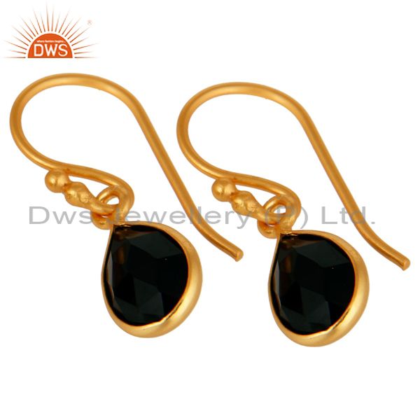 Wholesalers 18K Yellow Gold Plated Sterling Silver Black Onyx Bezel Set Drop Earrings