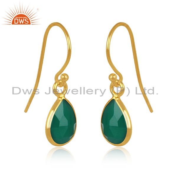 Wholesalers 18K Yellow Gold Plated Sterling Silver Green Onyx Gemstone Dangle Earrings