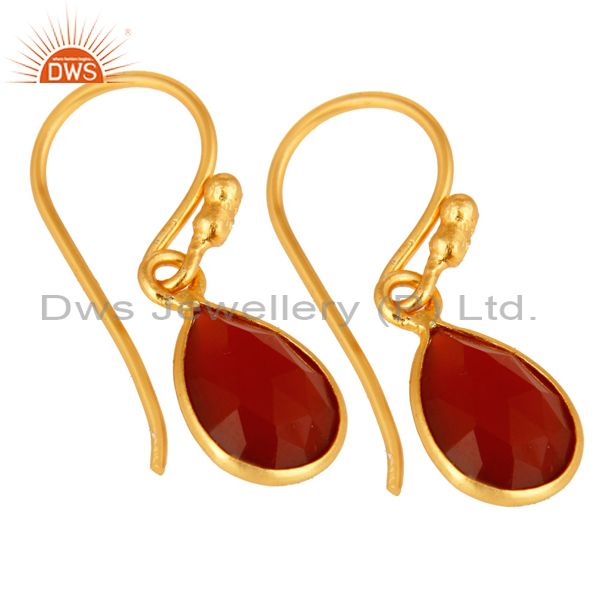 Wholesalers 18K Yellow Gold Plated Sterling Silver Red Onyx Gemstone Dangle Earrings