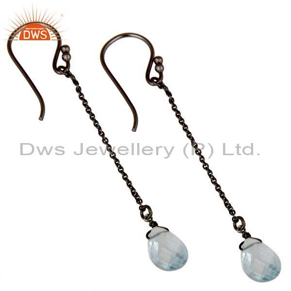 Wholesalers Oxidized Sterling Silver Blue Topaz Gemstone Briolettes Chain Dangle Earrings