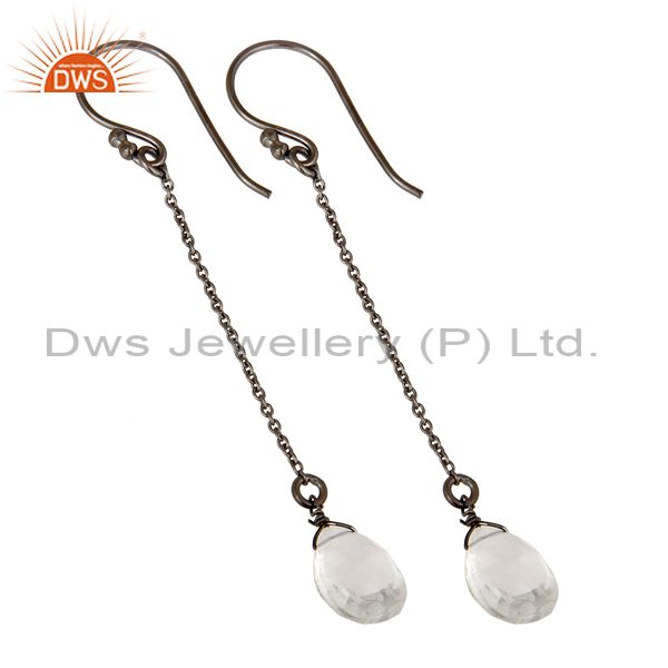 Wholesalers Oxidized Solid Sterling Silver Crystal Quartz Link Chain Dangle Earrings