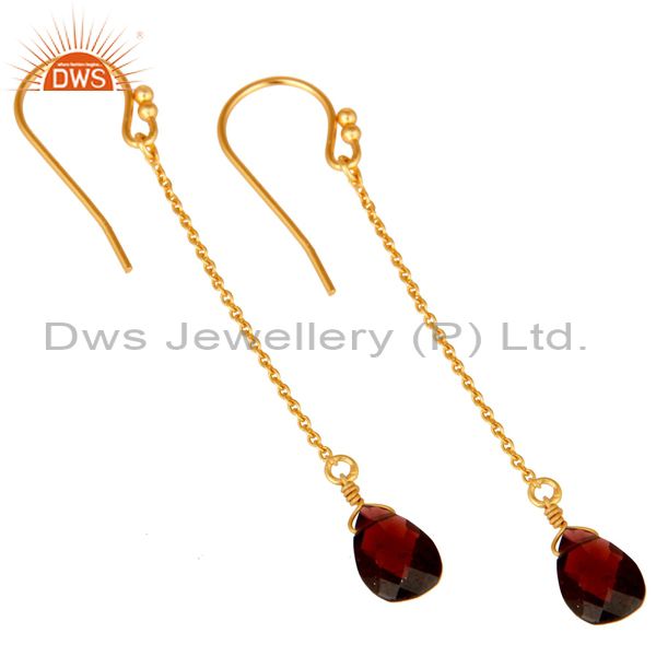 Wholesalers 18K Gold Plated Sterling Silver Garnet Gemstone Briolettes Chain Dangle Earrings