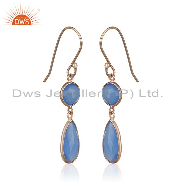 Exporter Blue Chalcedony Gemstone Rose Gold Plated 925 Silver Earring Manufacturers