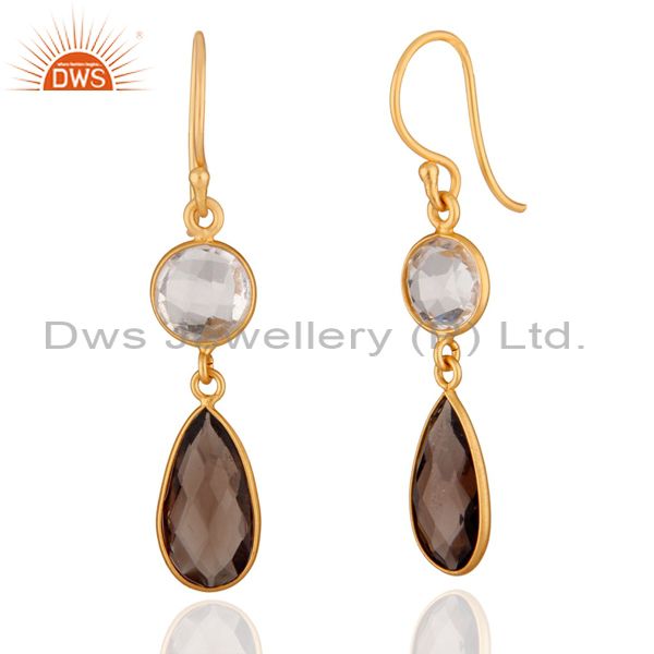 Wholesalers 18K Yellow Gold Plated Silver Crystal Quartz And Smoky Quartz Drop Earrings