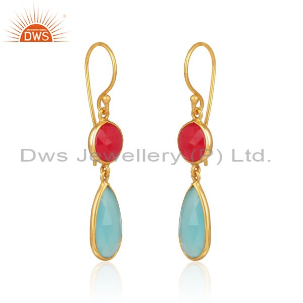 Pink, aqua chalcedony classic dangle in yellow gold on silver 925