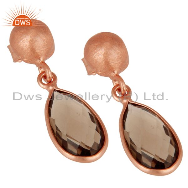 Wholesalers 18K Rose Gold Plated Sterling Silver Smoky Quartz Gemstone Drop Dangle Earrings