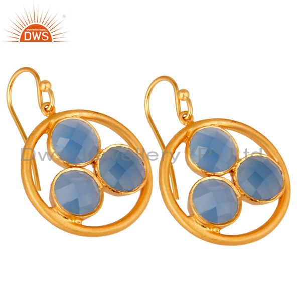 Wholesalers Handmade 18k Gold Plated Silver Blue Chalcedony Gemstone Circle Dangle Earrings
