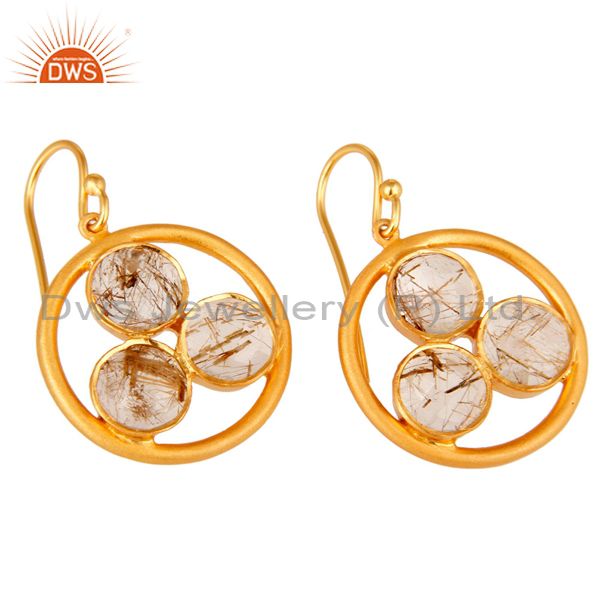 Wholesalers 18k Gold Plated Sterling Silver Yellow Rutile Gemstone Circle Dangle Earrings