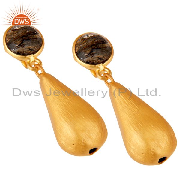 Wholesalers Tourmulated Quartz 22K Yellow Gold Plated Sterling Silver Teardrop Earrings
