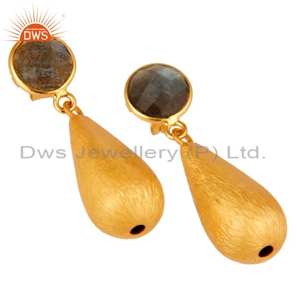Wholesalers Labradorite Gemstone 22K Yellow Gold Plated Sterling Silver Teardrop Earrings