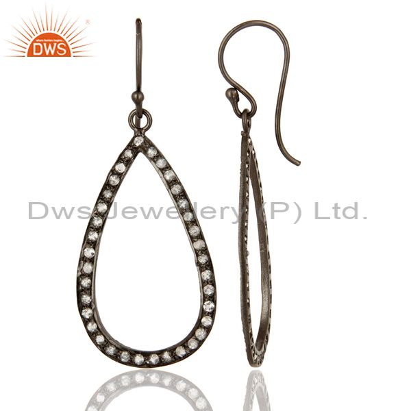 Suppliers Black Rhodium Plated Sterling Silver White Topaz Drop / Dangle Hook Earrings