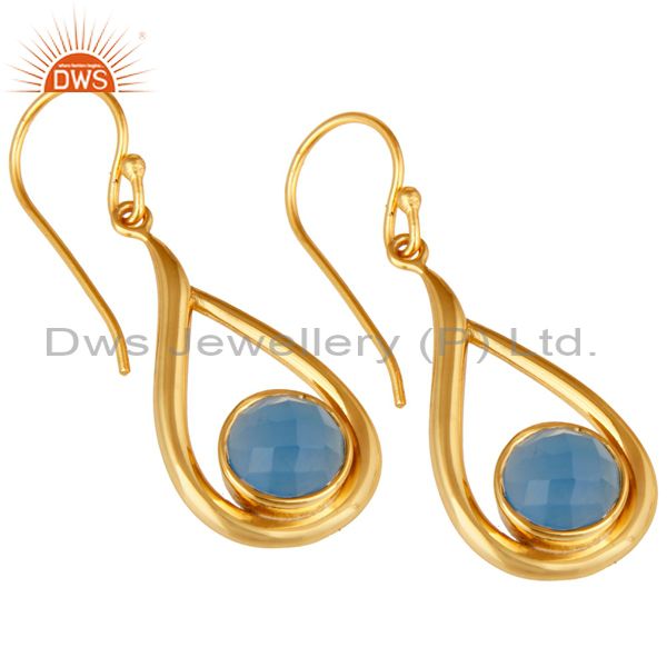 Wholesalers 18k Yellow Gold Plated Sterling Silver Blue Chalcedony Gemstone Artisan Earring