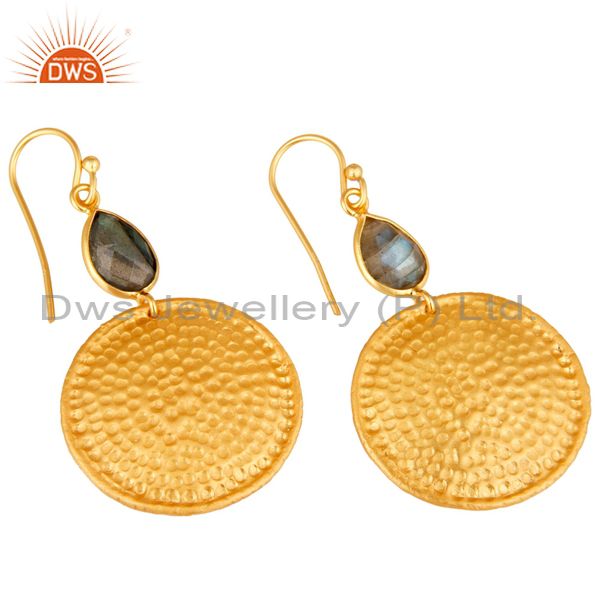 Wholesalers 22K Gold Plated Sterling Silver Hammered Disc Dangle Earrings With Labradorite
