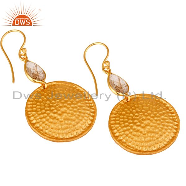 Wholesalers 22K Gold Plated Sterling Silver Yellow Rutile Hammered Disc Dangle Earrings