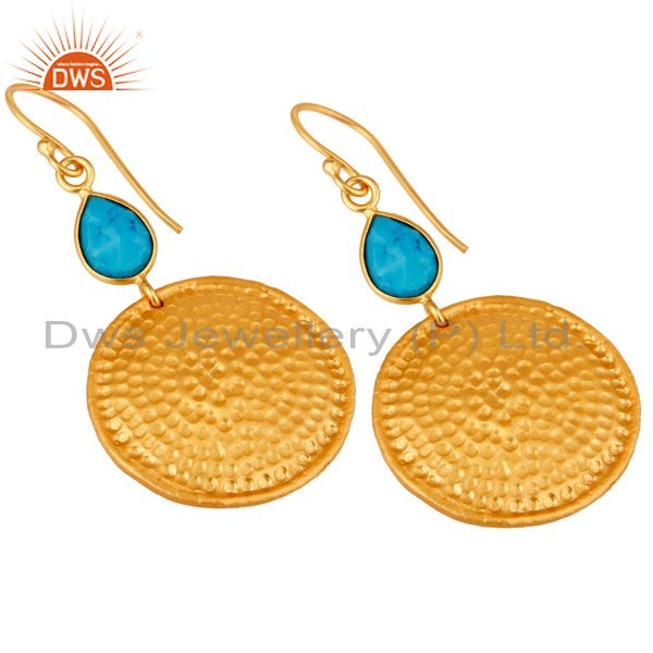 Wholesalers 22K Gold Plated Sterling Silver Turquoise Disc Dangle Hammered Earrings