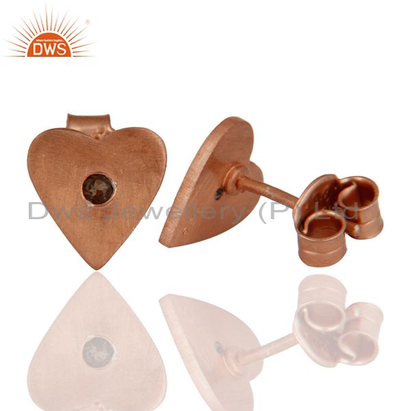 Exporter 18K Rose Gold Plated Sterling Silver Smoky Quartz Heart Stud Earrings For Womens
