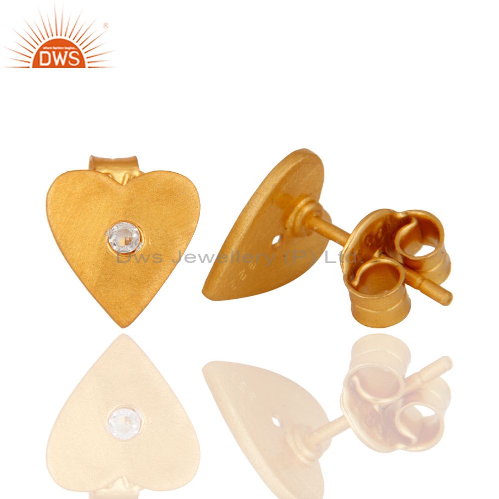 Suppliers White Topaz Stud 14K Gold Plated 925 Sterling Silver Heart Design Earrings