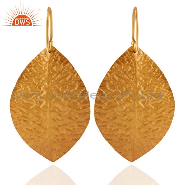 Exporter 18K Yellow Gold Plated Sterling Silver Hammered Leaves Triple Drop Earrings