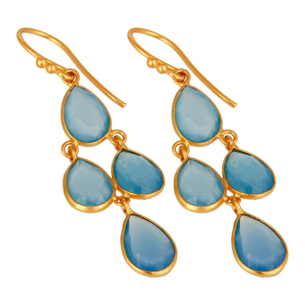 Wholesalers Faceted Dyed Blue Chalcedony Gemstone Dangle Earrings In 18K Gold On Silver