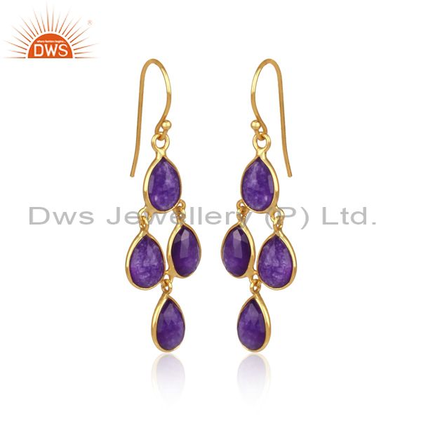 Wholesalers 18K Gold Over Sterling Silver Purple Chalcedony Gemstone Chandelier Earrings