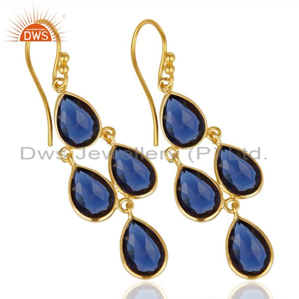 Exporter Blue Corrundum 4 Drop Earring 14 K Gold Plated  92.5 Silver Dangle Earring