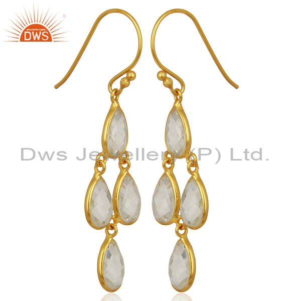 Exporter 18K Yellow Gold Plated Sterling Silver Crystal Quartz Bezel Set Dangle Earrings
