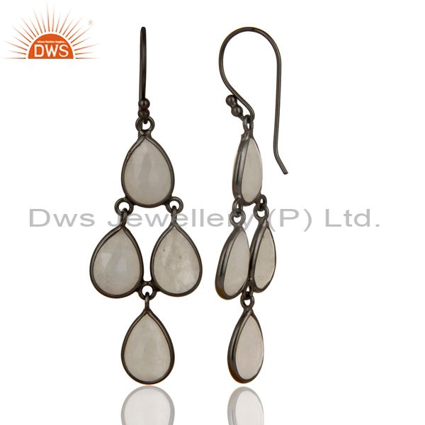 Suppliers Black Oxidized 925 Sterling Silver Rainbow Moonstone Gemstone Dangle Earrings