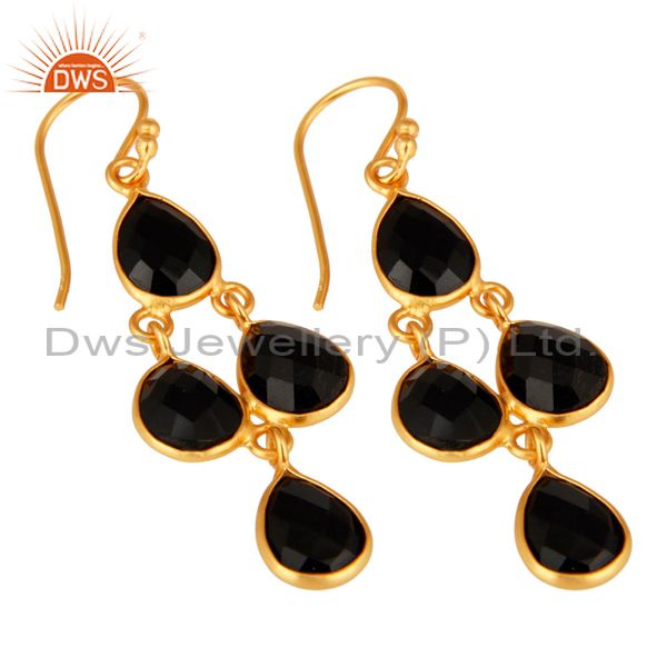 Wholesalers Faceted Black Onyx Gemstone Sterling Silver Dangle Earrings - Gold Plated
