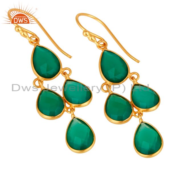 Wholesalers Gold Plated Sterling Silver Green Onyx Gemstone Designer Dangle Earrings