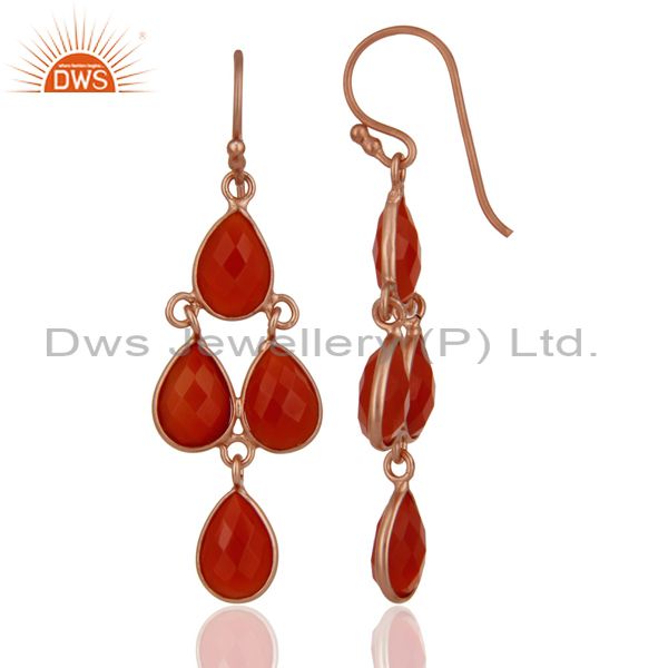 Exporter 18K Rose Gold Plated Sterling Silver Red Onyx Gemstone Dangle Earrings