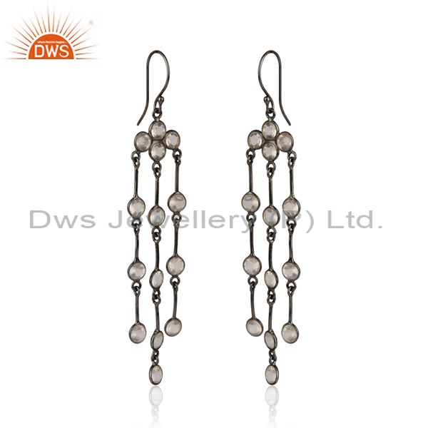 Oxidized Solid Sterling Silver Rose Quartz Gemstone Chain Chandelier Earrings