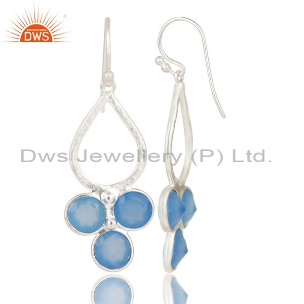 Suppliers Solid 925 Sterling Silver Dyed Blue Chalcedony Bezel Set Dangle Earrings
