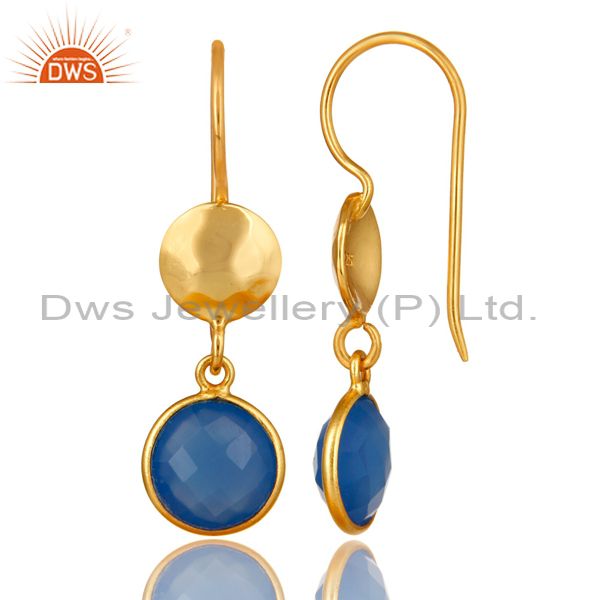 Wholesalers 18K Yellow Gold Plated Sterling Silver Blue Chalcedony Disc Dangle Earrings