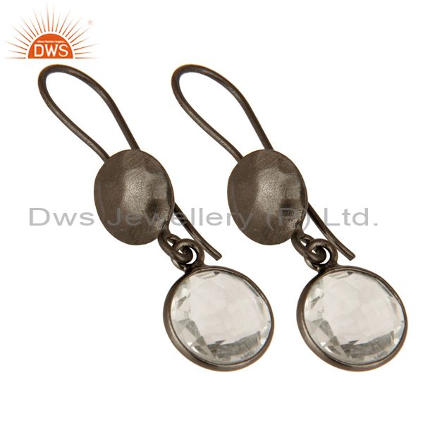 Wholesalers Oxidized Sterling Silver Hammered Disc Crystal Quartz Bezel Set Drop Earrings