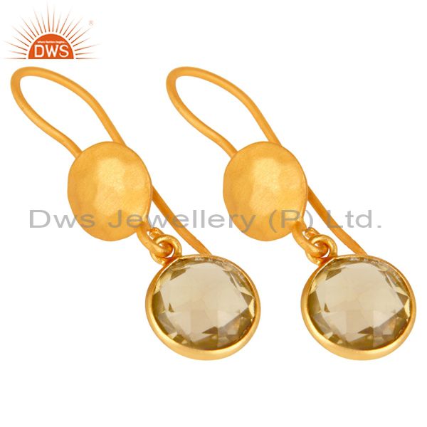 Wholesalers 22K Yellow Gold Plated Sterling Silver Lemon Topaz Gemstone Dangle Earrings