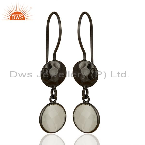 Exporter Oxidized Solid Sterling Silver White Moonstone Hammered Disc Dangle Earrings