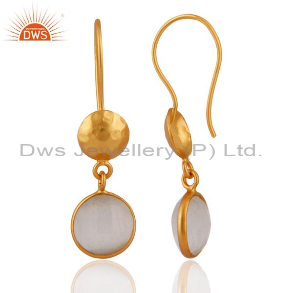 Suppliers 18K Yellow Gold Plated Sterling Silver White Moonstone Bezel Set Drop Earrings