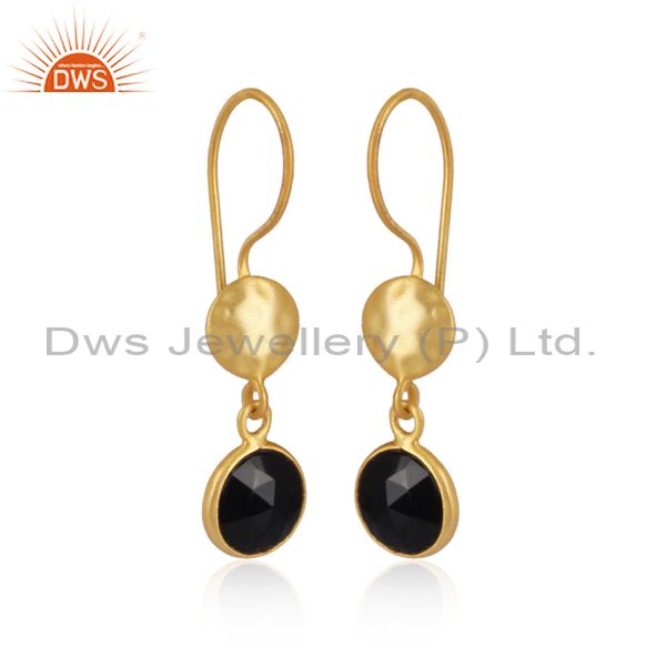 Wholesalers 18K Yellow Gold Plated Sterling Silver Black Onyx Gemstone Dangle Earrings
