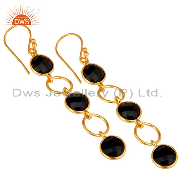 Wholesalers Black Onyx and 18K Gold Plated Sterling Silver Circle Dangler Earring