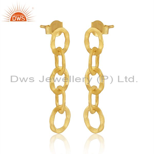 Wholesalers 14K Yellow Gold Plated Sterling Silver Hammered Multi Link Chain Dangle Earrings