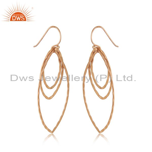 Exporter 18K Rose Gold Plated Sterling Silver Hammered Open Marquise Dangle Earrings