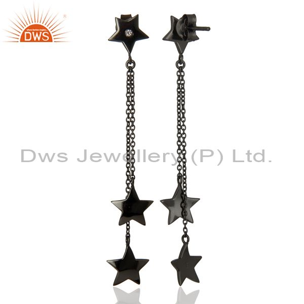 Exporter 925 Sterling Silver With Oxidized White Topaz Star Design Chain Dangle Earrings