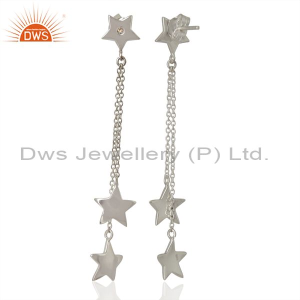 Exporter 925 Sterling Silver White Topaz Star Chain Dangle Earrings